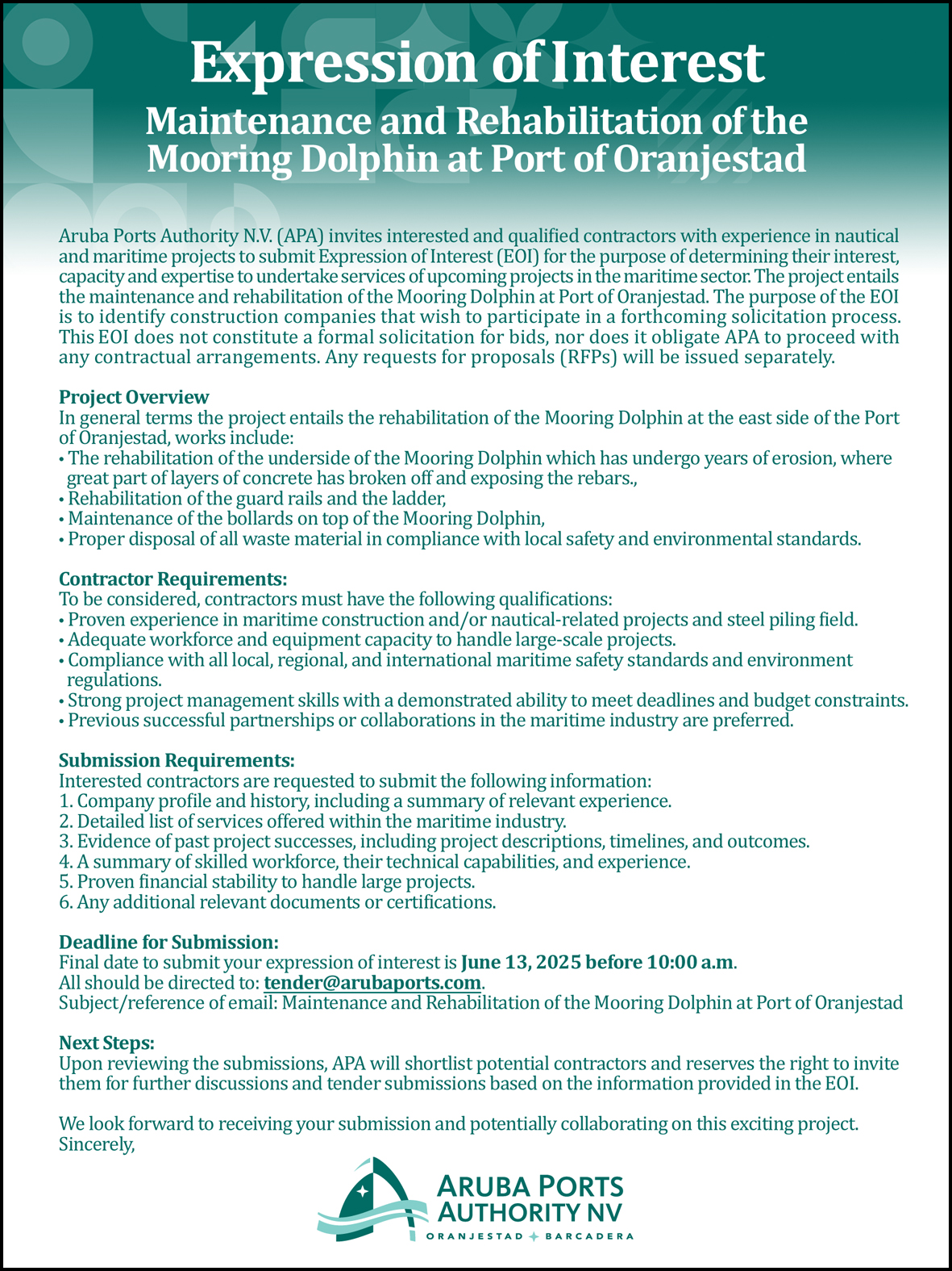 Maintenance and Rehabilitation of the Mooring Dolphin at Port of Oranjestad